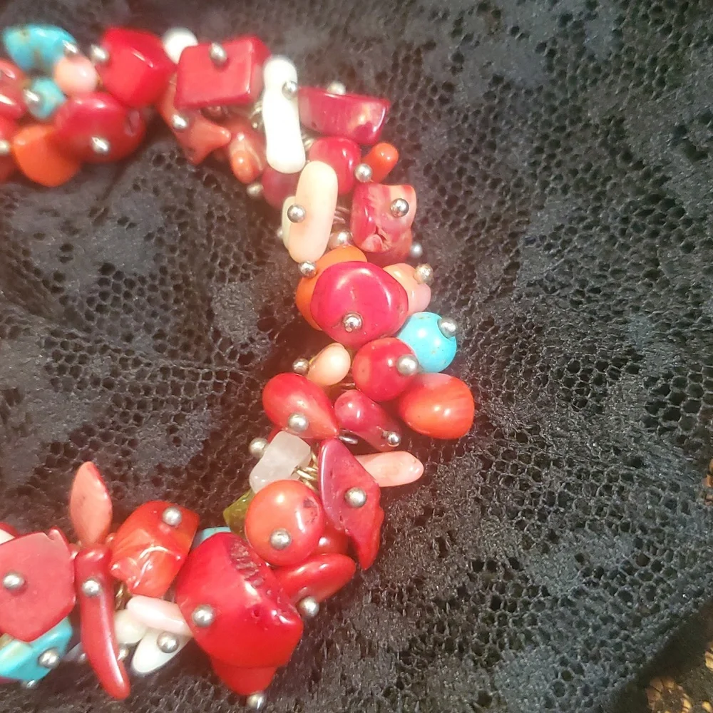 Colorful Beaded Bracelet Turquoise, Coral, MOP.  DD